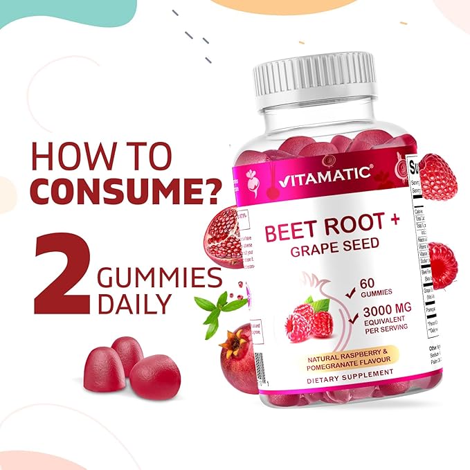 Vitamatic Beet Root Gummies - 3000mg Equivalent Per Serving - 60 Gummies - Made with Vitamin B6, B12, Grape Seed, Pomegranate & Nicotinamide (Pack of 2)