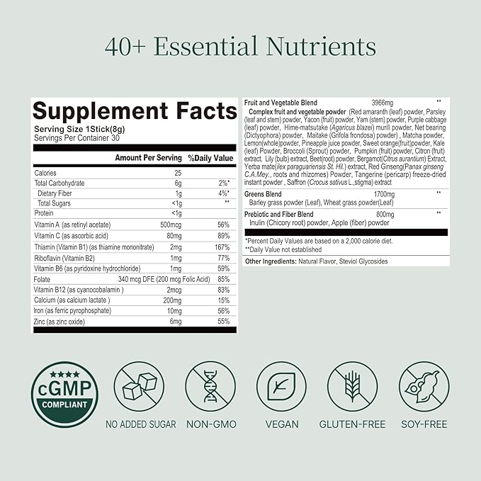 Super Greens Powder Stick Packs with 40+ Superfoods, Red Ginseng & Prebiotics | Gut Health & Energy Booster | 30 Single-Serve Packets