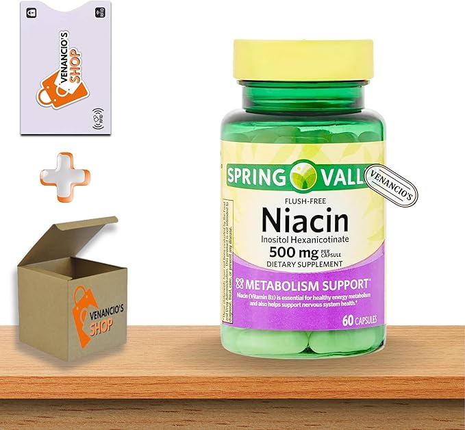 Vitamin B3 Niacin 500 mg Flush Free Capsules • Energy Metabolism Support • Nervous System Health • Dietary Supplement • 60 Pills by Spring Valley + Vena’s Sticker (Pack of 1)