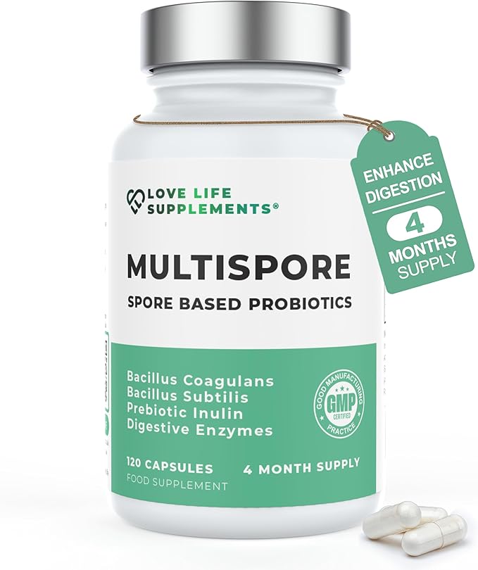 MultiSpore® Plus (Bacillus Coagulans & Bacillus Subtilis) Spore Based Probiotic | 120 Capsules - 4 Month Supply | Bloating Relief/Gut Health | Includes Digestive Enzymes & Prebiotic Inulin | UK Made