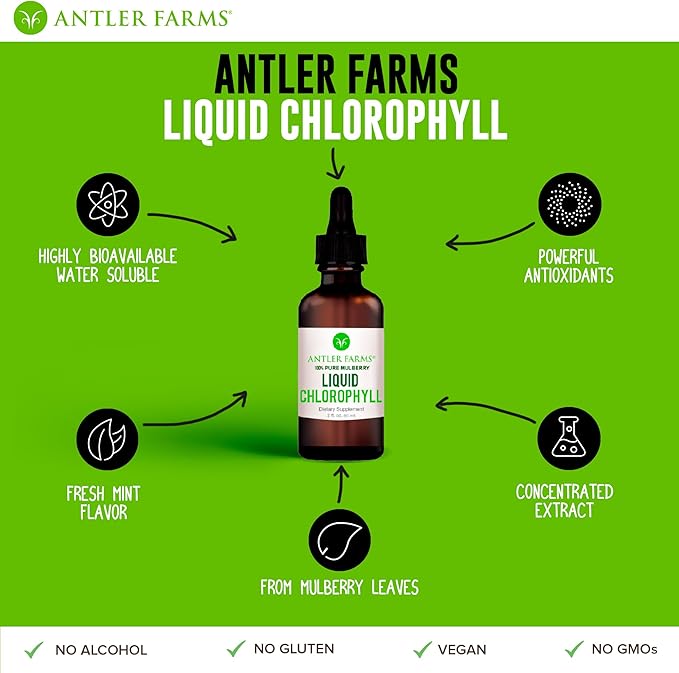 Antler Farms – 100% Natural 12,000 mg Liquid Chlorophyll Drops, Concentrated Extract 2-8X Stronger, 60 Servings, 2 oz - Immune Support, Energy Booster, Detox, Fresh Mint Flavor