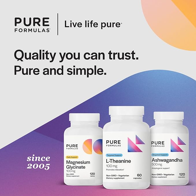 PureFormulas L Theanine Supplement 100 mg, L-Theanine Supports Stress Levels, Relaxed State, Mood, Sleep, Dairy Free, Soy Free, Non-GMO 60 Vegetarian Capsules