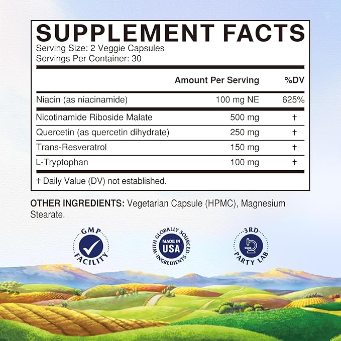 Vitalitown NMN Supplement Alternatives, NAD Supplement 1100mg Boosted with Resveratrol & Nicotinamide Riboside - Anti-Aging Cellular Energy, Longevity - Enhanced Absorption Formula - 60 Vegan Capsules