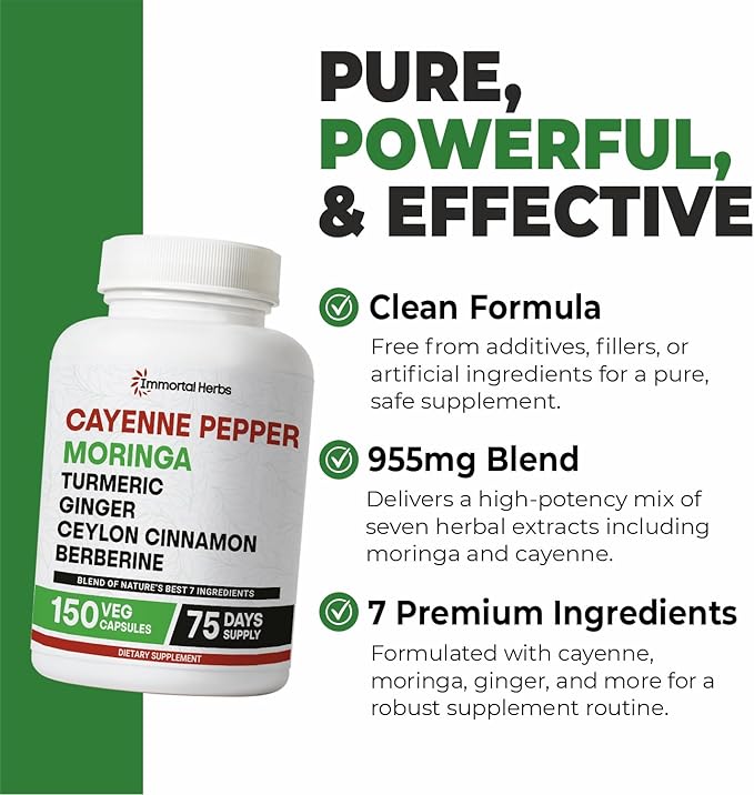 Cayenne Pepper Moringa Turmeric Ginger Capsules, 150 Pills, Gut Health Supplement w/Extra Strength, Non-GMO & Gluten Free, Pure Berberine HCL and Ceylon Cinnamon Extract Powder