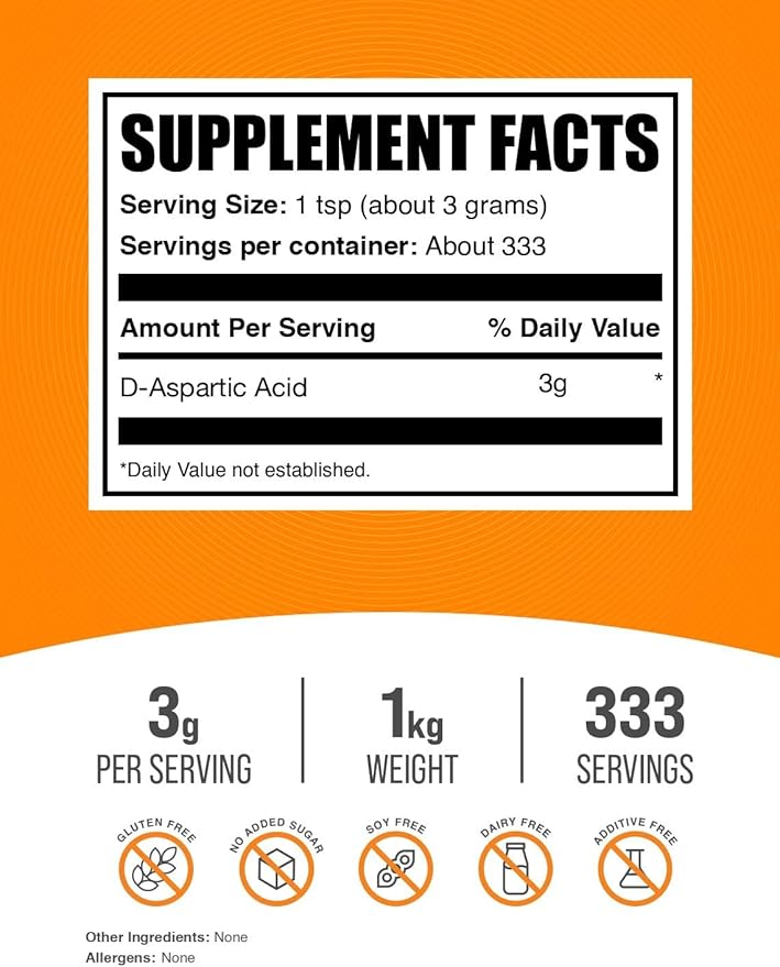 BulkSupplements.com D-Aspartic Acid Powder - D-Aspartic Acid Supplement for Men, Unflavored Amino Acid - Pure & Gluten Free, 3g per Serving, 1kg (2.2 lbs) (Pack of 1)