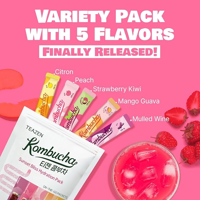 TEAZEN Kombucha Tea Sunset Bliss Hydration Variety Pack - 20 Sticks, 5 Flavors (Peach, Mango-Guava, Strawberry-Kiwi, Citron, Mulled Wine)
