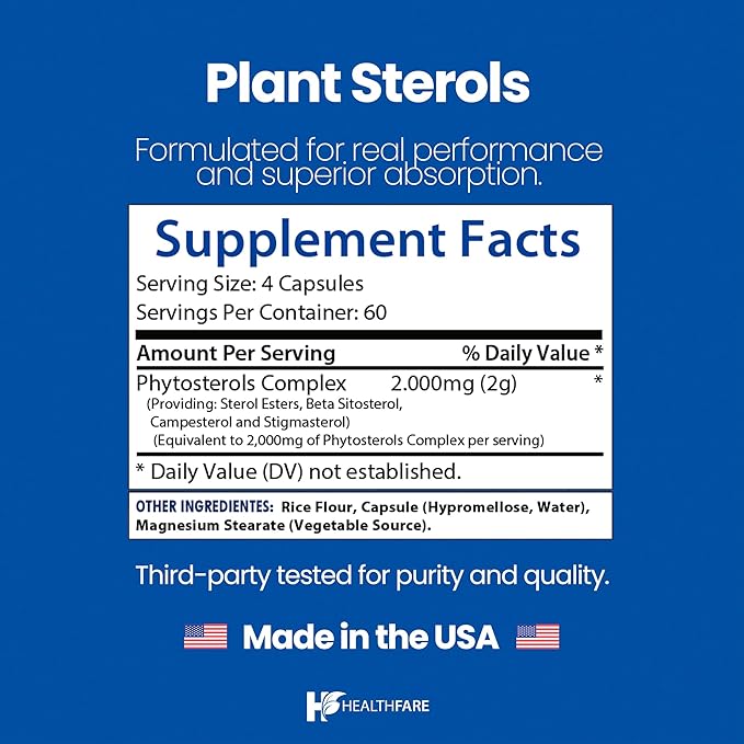 Plant Sterols Capsules 2000mg | 240 Vegan Capsules | Beta Sitosterol & Phytosterol Complex | Plant-Based Supplement | Non-GMO & Gluten-Free | Made in The USA
