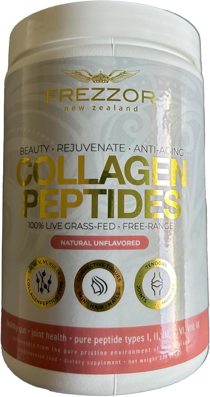 FREZZOR Collagen Peptides Powder, Reduces Fine Lines & Wrinkles, Stronger Hair & Nails, Promotes Youthful Flexibility & Mobility, 100% New Zealand Hydrolyzed Beef Bone Collagen, Unflavored 225g 1 Jar