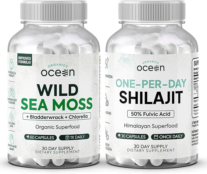 Wild Sea Moss Capsules and One-per-Day Shilajit for Men and Women - 100% Irish Sea Moss and Pure Shilajit Capsules - Thyroid Support for Women and Men