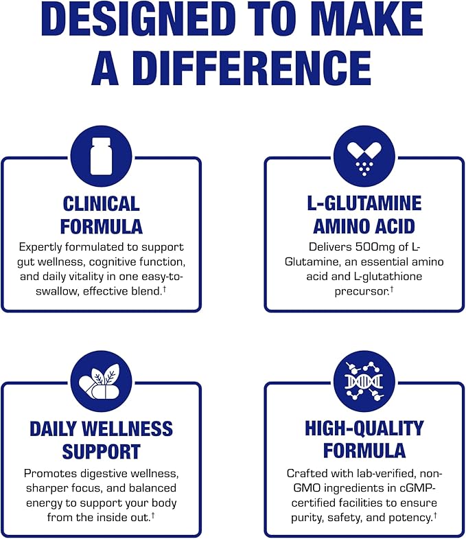Free Form L-Glutamine Supplement - Clinical L Glutamine Capsules 500mg for Gut Health and Immune Support - Powerful Amino Acid Glutathione Precursor - Non-GMO & Made in The USA - 100 Servings