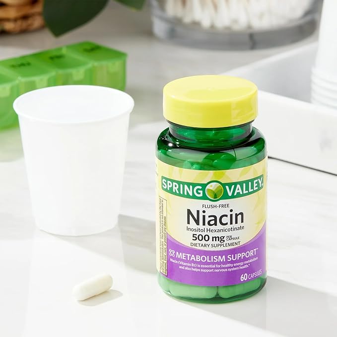 Vitamin B3 Niacin 500 mg Flush Free Capsules • Energy Metabolism Support • Nervous System Health • Dietary Supplement • 60 Pills by Spring Valley + Vena’s Sticker (Pack of 1)