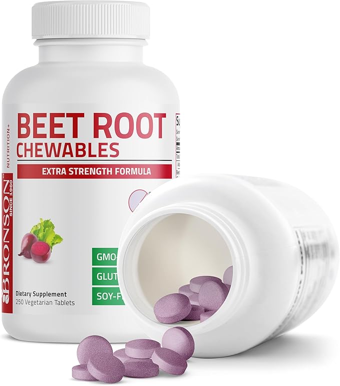 Bronson Beet Root Chewables 2000 MG, Grape Flavored - Extra Strength 2000 MG Per Serving Circulation Support Heart Health & Stamina, Non-GMO, 250 Vegetarian Grape Flavored Chewable Tablets