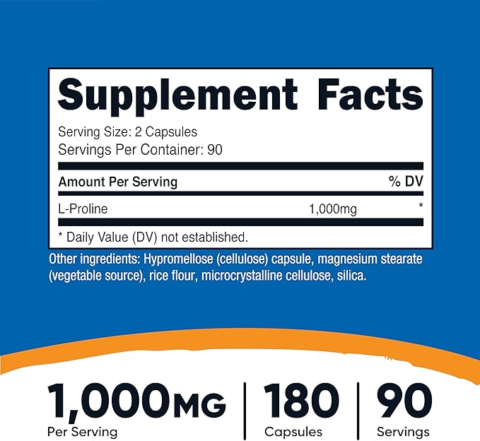 Nutricost L-Proline 1000mg, 180 Capsules (90 Servings) - 500mg Per Cap, Non-GMO, Gluten Free