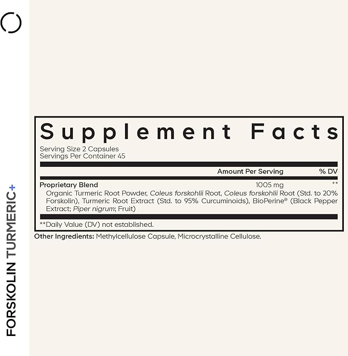 Codeage Forskolin, Pure Forskolin Coleus + Organic Turmeric Root Powder, 95% Curcuminoids + Bioperine Black Pepper - 20% Standardized Coleus Forskohlii Supplement - Non-GMO - 90 Capsules
