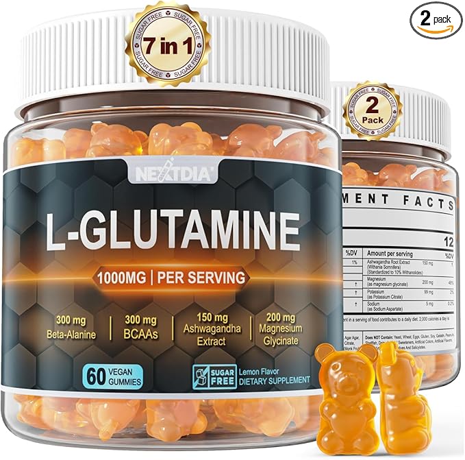 L-Glutamine 1000mg Gummies for Women & Men| with Beta-Alanine, BCAAs, Magnesium Glycinate, Potassium & Ashwagandha | Vegan | Sugar-Free & Extra-Chewy | 120 Counts
