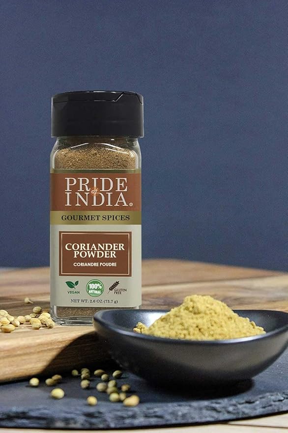 Pride of India – Coriander Seed Ground – Authentic Indian Spice – Freshly Packed Gourmet Spice – Must Ingredient in Indian & Middle Eastern Cuisines – Easy to Use – 2.6 oz. Small Dual Sifter Jar