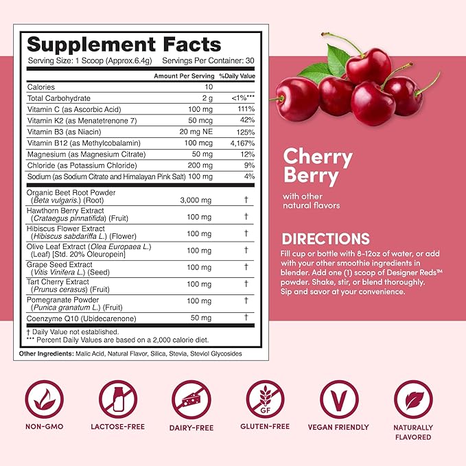 Designer Wellness, Designer Reds, Daily Superfood Powder with Beet Root, Support for Energy, Stress, Immune Health, Heart Health, and Digestive Health, Cherry Berry, 30 Servings