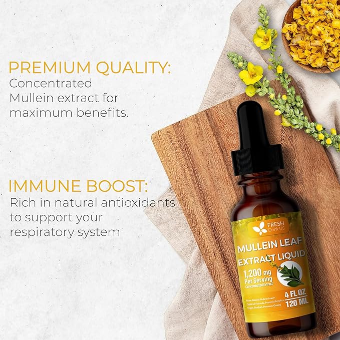 FRESHDRINKUS, 4 fl oz (120ml) Mullein Drops for Lungs Cleanse Support, Mullein Extract Liquid, 1200mg per Serving, 120 Days Supply – 100% from Natural Mullein Leaves, Non-GMO, Gluten-Free (4 fl oz)