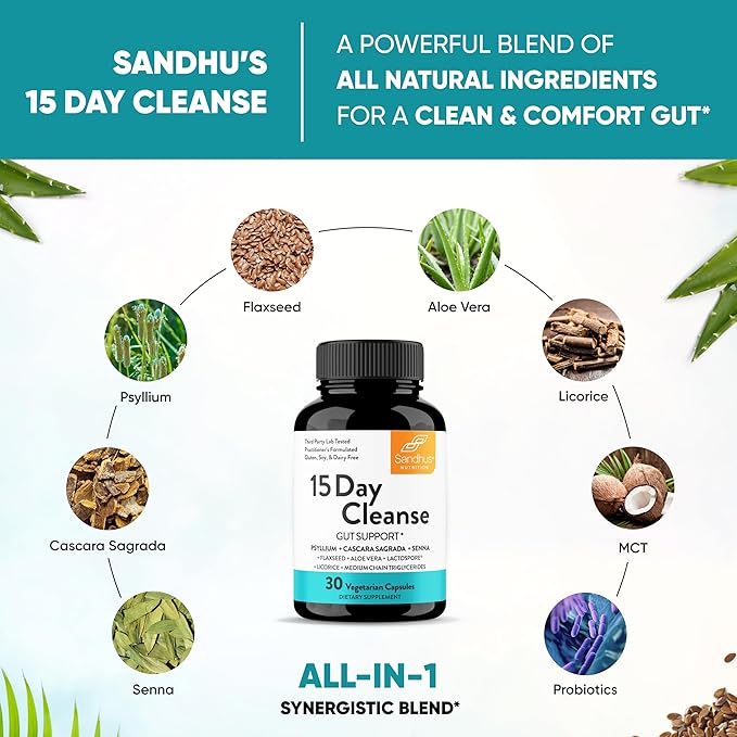 Sandhu's 15 Day Gut Cleanse Colon Detox for Women & Men| Supports Colon Cleansing & Digestive Health| Senna, Cascara Sagrada, Psyllium Husk & Probiotics| 30 Capsules Dietary Supplement,15 Days Supply