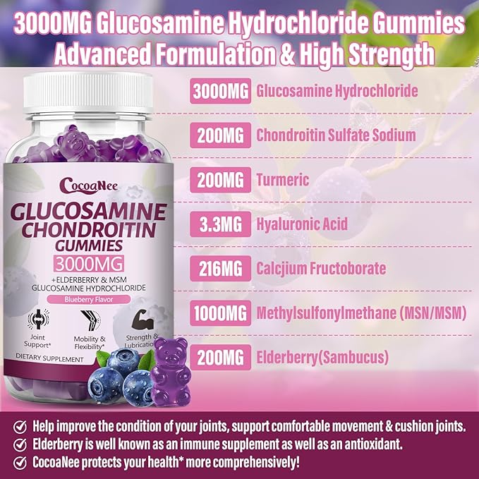 3 Packs 3000MG Glucosamine Chondroitin Gummies, Extra Strength Joint Support Supplement with MSM & Elderberry, Flexibility, Antioxidant Immune Support Gummy for Adults, Men & Women 180Cts