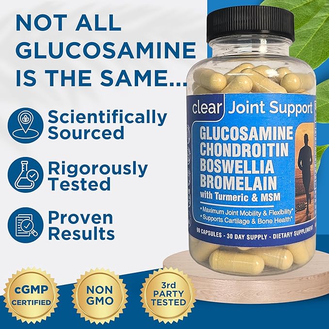Glucosamine Chondroitin MSM with Turmeric 180 Capsules - Joint Supplements for Women & Men – with Boswellia, Quercetin – Clear Joint Support Supplement for Flexibility, Mobility, Cartilage Repair