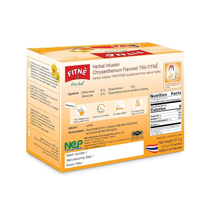 FITNE Chrysanthemum Herbal Tea Senna Infusion Smooth Mild Soothing Beverage Natural Gentle Detox Cleanse No Calories Caffeine Free, 15 Tea Bags