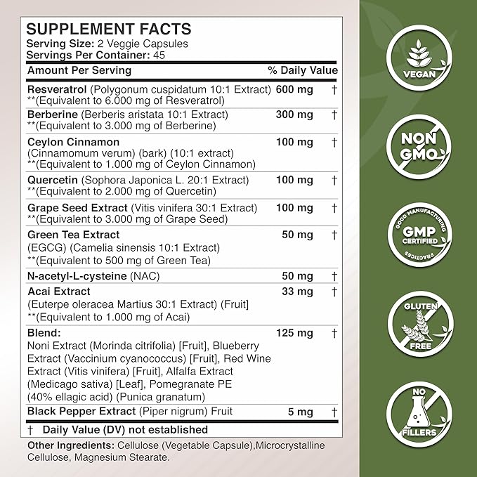 Gade Nutrition Resveratrol Berberine Quercetin Grape Seed Extract Green Tea Extract N-Acetyl Cysteine - 14 in 1 Complex Supplement for Women & Men with Potent Antioxidants - Made in USA