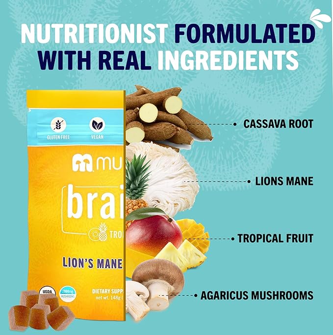 Mushie 100% Organic Lion’s Mane Mushroom Gummies - 2000mg (75mg A & B-Glucans) for Brain Health, Focus & Memory - 60 Organic Lions Mane Gummies for Adults & Kids