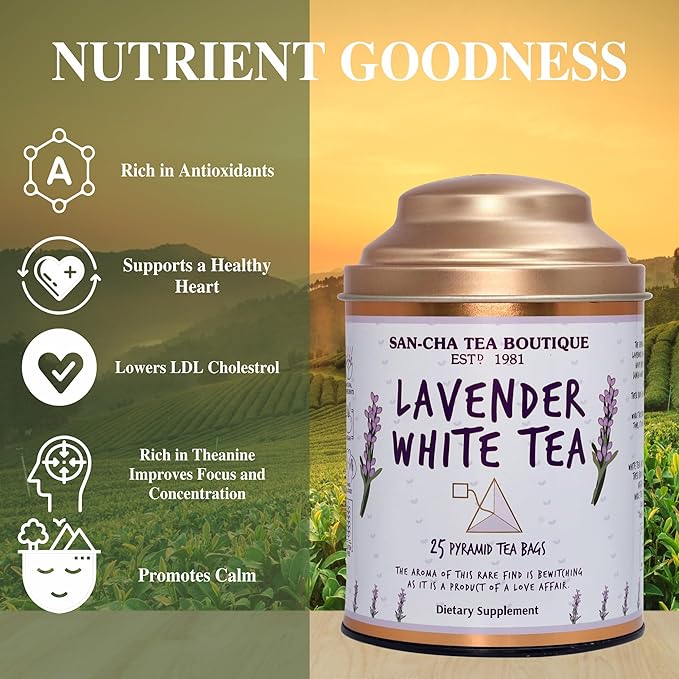 Sancha Tea Boutique Lavender White Tea | Hand Rolled Himalayan White Tea with Silver Needles | 25 Pyramid Bags | Relaxing & Calming Floral Blend