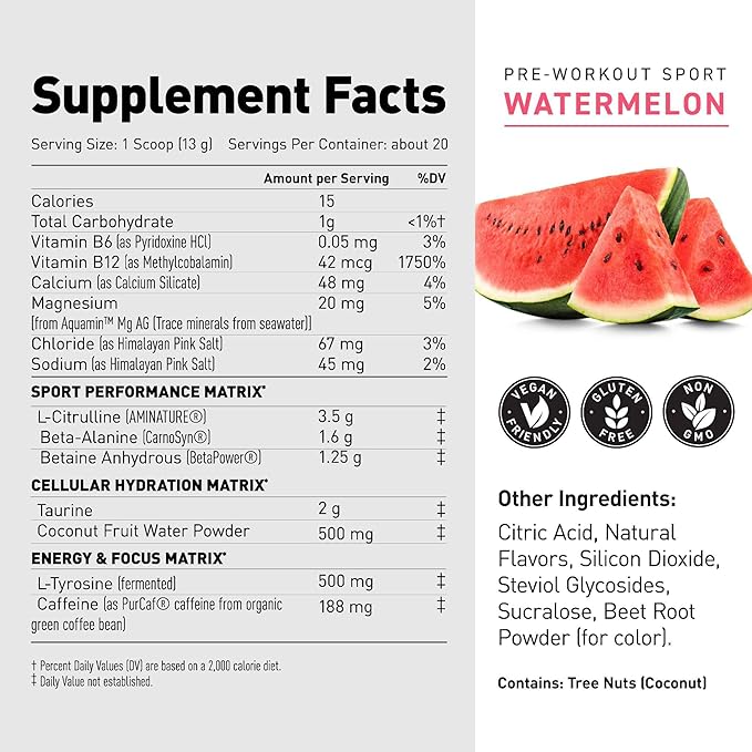 Kaged Sport Pre Workout Powder for Men & Women, Watermelon, Sport Certified, 188mg Caffeine, Nitric Oxide Supplement, Beta Alanine for Energy, Weightlifting, Cardio Endurance & Strength, 20 Servings