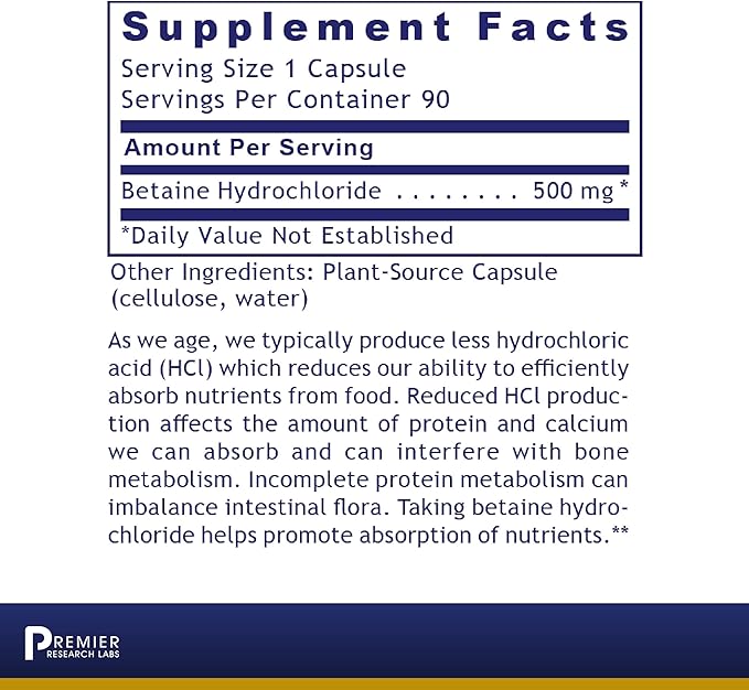 Premier Research Labs Premier HCL - Betaine HCL, Betaine Hydrochloride Supplement for Optimal Digestive Function, Nutrient Absorption, Betaine-HCL for Low Stomach Acid- 90 Vegetarian Capsules
