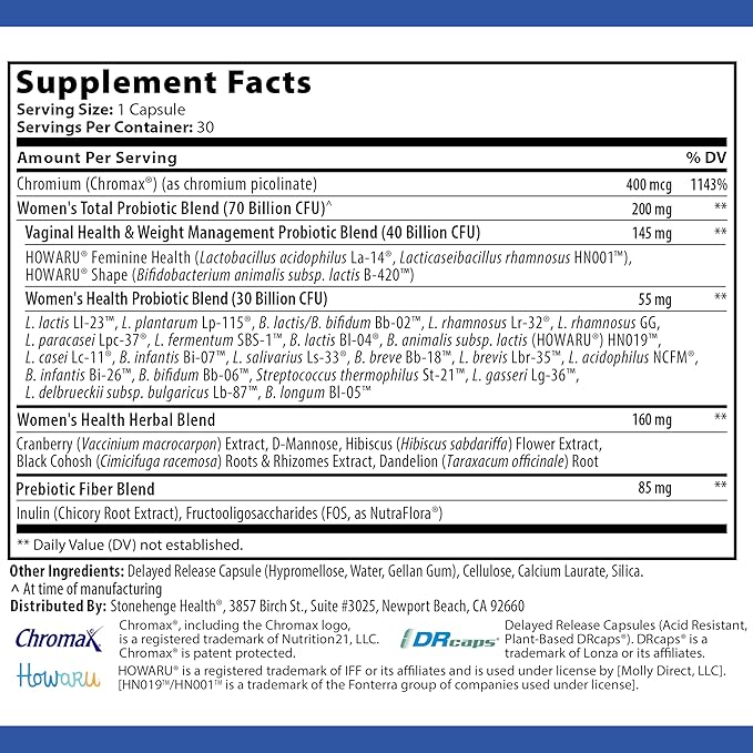 Stonehenge Health Probiotics 70 Billion CFU + 24 Strains, Prebiotic, Dynamic Biotics+ for Women, New Formula for Weight Management, Digestive & Vaginal Support, Delayed Release Shelf Stable Non-GMO