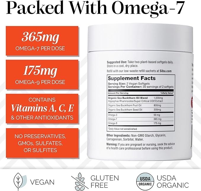 sibu Sea Buckthorn Omega-7 Softgels Starter Kit (60ct, 30 Day Supply) – Supplement for Healthy Skin, Hair, Nails and Dryness