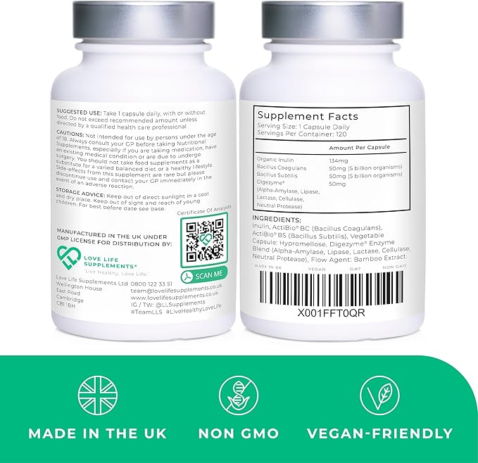 MultiSpore® Plus (Bacillus Coagulans & Bacillus Subtilis) Spore Based Probiotic | 120 Capsules - 4 Month Supply | Bloating Relief/Gut Health | Includes Digestive Enzymes & Prebiotic Inulin | UK Made