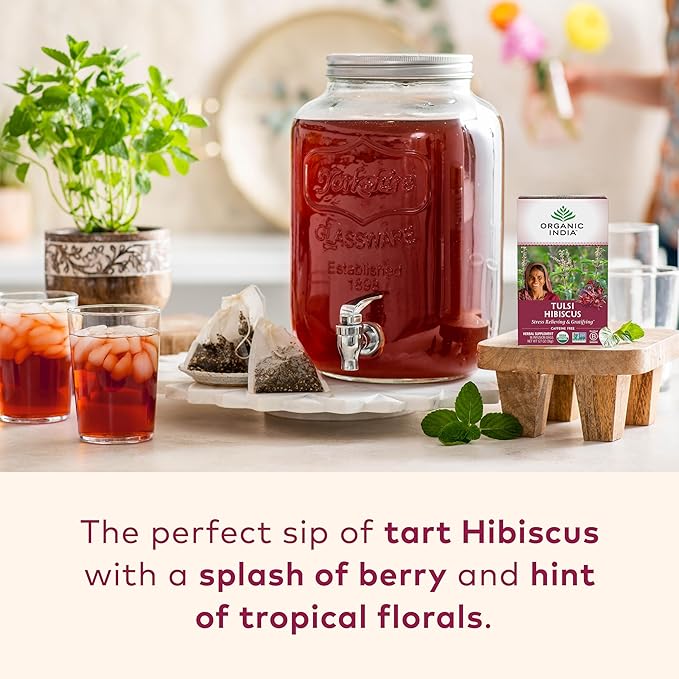 Organic India Tulsi Hibiscus Herbal Tea - Holy Basil, Stress Relieving & Gratifying, Immune Support, Adaptogen, Vegan, USDA Certified Organic, Non-GMO, Caffeine-Free - 18 Infusion Bags, 1 Pack