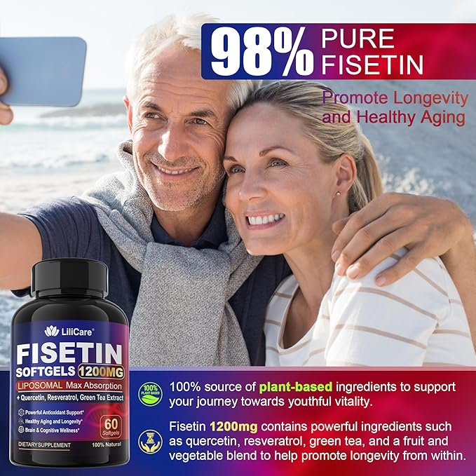 Fisetin Supplement - Liposomal Super Absorption 98% Pure 1200mg with Quercetin, Resveratrol, Green Tea Extract for Healthy Aging & Longevity, Skin Health, Brain & Antioxidant - 60 Softgels