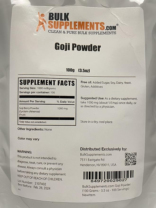 BulkSupplements.com Goji Berry Powder - Goji Berries Supplement, Wolfberry Powder - Vegan & Gluten Free, 1g per Serving, 100g (3.5 oz) (Pack of 1)