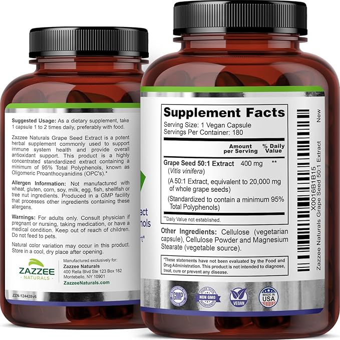 Zazzee High Strength Grape Seed 50:1 Extract, 180 Vegan Capsules, 95% Polyphenols, 400 mg per Capsule, 6 Month Supply, Standardized and Concentrated 50X Extract, Non-GMO, Made in The USA
