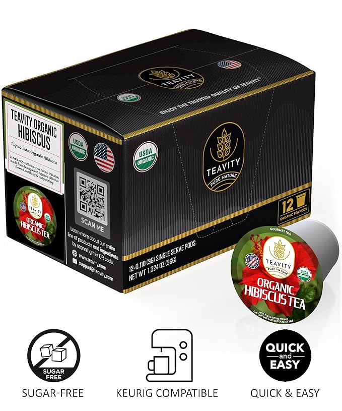Organic Hibiscus Sabdariffa Tea Organic Naturally Decaf Tea Pods for Keurig by Teavity (24 Tea Pods)