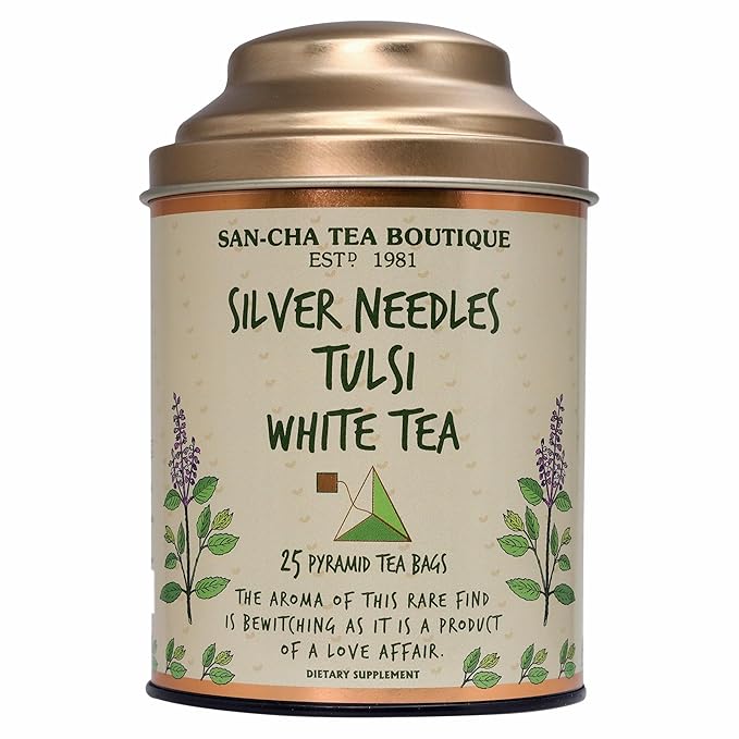 Sancha Tea Boutique Tulsi White Tea | 25 Pyramid Bags | Indian Holy Basil Leaves with Silver Needle White Tea | Rich in Antioxidants & Wellness