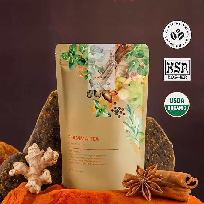 Gardenika Organic Flamma-tea Loose Leaf Tea | Premium Turmeric Ginger Blend with Cinnamon, Peppermint & Black Pepper | 100% Natural, Caffeine Free Herbal Wellness Tea | 4oz (113g)