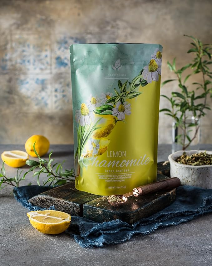 Gardenika Organic Lemon Chamomile Loose Leaf Tea, KSA Kosher, Caffeine Free, Herbal with Chamomile and Lemongrass – 4 oz (1 Pack)