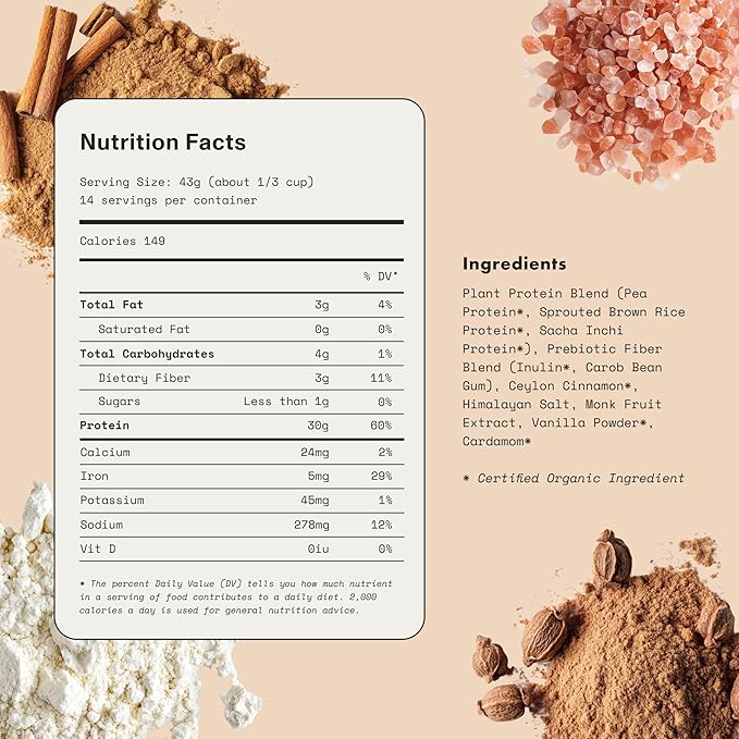 Synchro Genesis Plant Based Protein Powder | Vanilla Spice | 30g of Organic Protein Per Serving | <1g Sugar | 1g Net Carbs | No Stevia | Superfoods + Prebiotics | Vegan + Keto Friendly