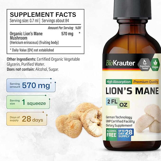 BIO KRAUTER Lions Mane Liquid Extract - Mushroom Supplement for Brain Support - Vegan Lions Mane Supplement - Alcohol & Sugar Free Drops - 2 Fl.Oz.