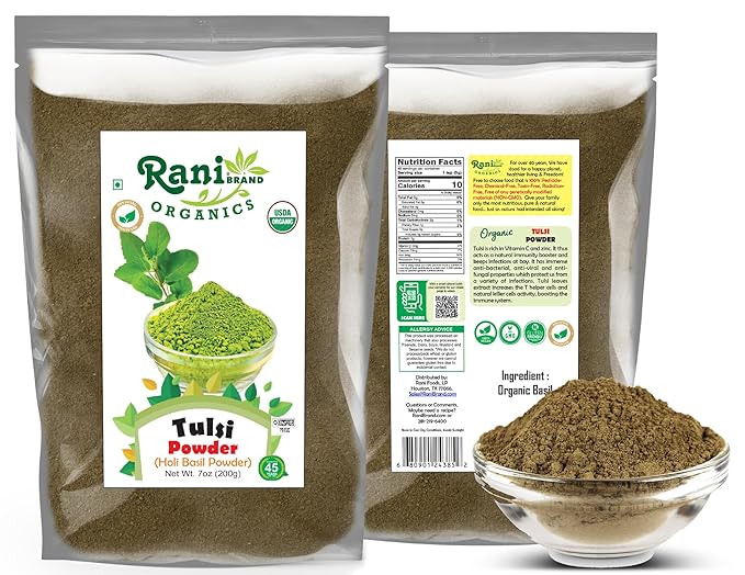 Rani Organic Tulsi Powder (Holi Basil Powder) 7oz (200g) ~ All Natural | No Color | Gluten Friendly | Vegan | NON-GMO | Kosher | No Salt or fillers | Indian Origin | USDA Organic Certified