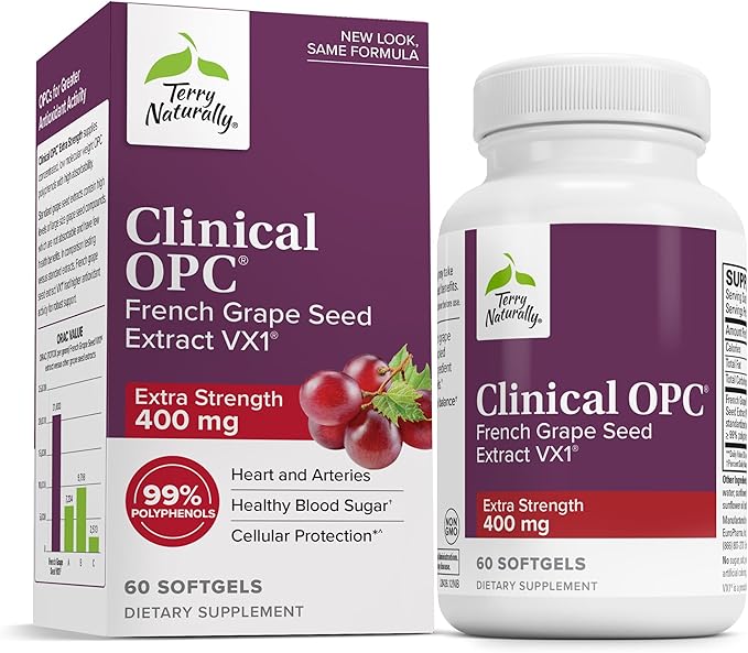 Terry Naturally Clinical OPC Extra Strength - Cardiovascular Health & Focus Support - Supplement with Grape Seed Extract - Immune Support Supplement - 60 Softgels