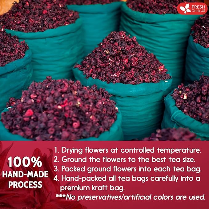 FRESHDRINKUS, Premium 30 Hibiscus Flowers Tea Bags, 100% Natural & Pure from Hibiscus Flowers. Loose Flower Hibiscus Herbal Tea. No Sugar, No Caffeine, No Gluten, Vegan.