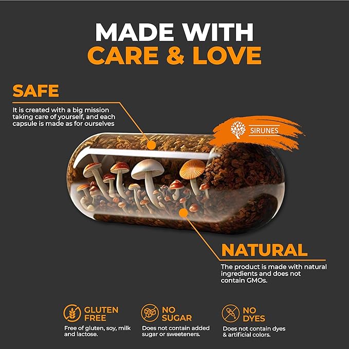 SIRUNES Mushroom Supplement Chaga Mushrooms Capsules 100 Count – 1000mg Natural Organic Mushrooms with Chaga Mushroom Powder – Antioxidant Supplement for Immune Support, Energy Boos