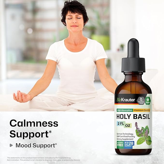 BIO KRAUTER Holy Basil Tincture - Tulsi Powder Liquid Extract - Supports Calmness and Relaxation - Ursolic Acid Supplement - Alcohol and Sugar Free - Vegan Drops 2 Fl.Oz.