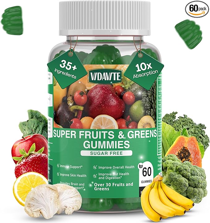 Sugar-Free Fruit and Veggie Gummies — 35+ Greens, Fruit and Vegetable Vitamins to Boost Immunity, Skin & Gut Health — Ideal Fruity Vegetable Supplement for Adults & Kids (60 Gummies)